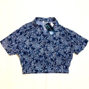 NWT paper crane navy blue paisley print crop top faux collar with buttons Summer